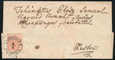 ~1852 3kr HP III látványos lemezhibával levélen GYÖNGYÖS - PESTH