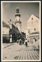 1933 Sopron Városház torony, Schaffer József, Steinbach Károly üzletével, piaccal, feliratozott fotó 4x6 cm