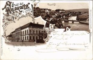 1899 (Vorläufer) Waidhofen an der Thaya, Thayathal, Landes-Real-Gymnasium / valley, bridge, school. Art Nouveau, floral, litho (EK)