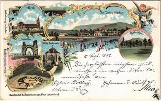 1899 (Vorläufer) Bad Deutsch-Altenburg, Kirche, Türkenhügel, Haidenthor, 1000 jähr. Rundkapelle, Amphitheater. Kunstanstalt Karl Schwidernoch Art Nouveau, floral, litho (EK)