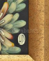 Hernádi Paula (1947-): Sárgavirágok. Tűzzománc, jelzett, fa keretben, 20×10 cm