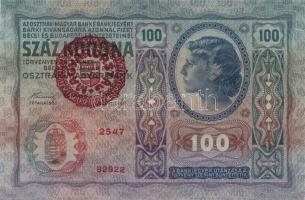 1912. 100K piros "Magyarország" körbélyegzővel T:II+ Csak egyszer hajtva!