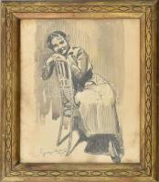 Geiger Richárd (1870-1945): Ülő hölgy, 1915. Lavírozott tus, papír, jelzett. Foltos. Dekoratív, üvegezett fakeretben, 25×21 cm