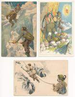 3 db RÉGI humoros képeslap vegyes minőségben: hegymászás, sport / 3 pre-1945 humorous sport postcards in mixed quality: mountain climbing