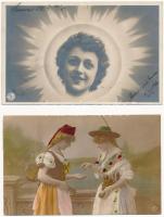 5 db RÉGI romantikus képeslap vegyes minőségben: hölgyek / 5 pre-1945 romantic postcards in mixed qu...