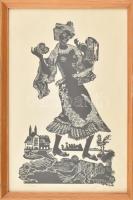 Kopasz Márta (1911-2011): Anya gyermekével, 1977. Linómetszet, papír, jelzett, lap alja foltos, üvegezett fakeretben, 41,5x28 cm