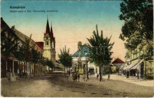 1916 Komárom, Komárno; Nádor utca, Szentháromság szobor, üzletek. Czike Dénes kiadása / street view, Holy Trinity statue, shops (EK)