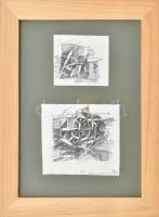 Butak András (1948-2021): 2 db tanulmányrajz. Tus, papír, jelzés nélkül, plexiüvegezett fakeretben, 6x7 és 9×10,5 cm