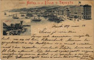 1897 (Vorläufer) Trieste, Trieszt; Hotel de la Ville, Miramare. Müller & Co. Graveurs. Art Nouveau (small tear)
