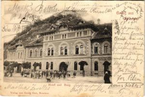 1901 Barcarozsnyó, Rozsnyó, Rosenau, Rasnov; Hotel und Burg / Szálloda, vár, húscsarnok, hentes, Georg Gutt üzlete és saját kiadása / hotel, castle, butcher, publishers shop (EK)