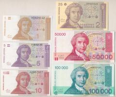 Horvátország 1991. 1D + 5D + 10D + 25D + 1993. 50.000D + 100.000D T:I Croatia 1991. 1 Dinara + 5 Dinara + 10 Dinara + 25 Dinara + 1993. 50.000 Dinara + 100.000 Dinara C:UNC
