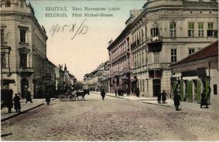 1915 Belgrade, Belgrád, Beograd; Fürst Michael-Strase / street view, shops, hotel + K.u.K. Militärcensur Osijek-Censor Nr. 13. (EK)