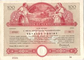 1954. "Ötödik Békekölcsön" nyereménykölcsöne 100Ft-ról (3x) egymásutáni sorszámokkal