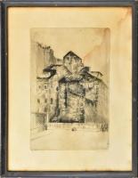 Élesdy István (1912-1987): Régi római házak, 1940. Rézkarc, papír, jelzett, foltos. Üvegezett fakeretben. 30x19,5 cm