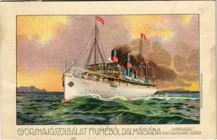 1914 Gyorshajószolgálat Fiuméból Dalmáciába - A Magyar-Horvát Tengeri Gőzhajózási Rt. VISEGRÁD kétcsavaros tengeri személyszállító hajója. Hátoldalon utazások reklámja, Bruchsteiner és Fia / Visegrád The Ungaro-Croata S. N. Co. twin-screw steamer, travel advertisement on the backside, litho