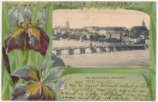 1902 Basel, Alte Rheinbrücke m. Gross-Basel / bridge. Rathe & Fehlmann 734. Art Nouveau, flower, litho (EK)