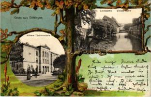 1901 Göttingen, Höhere Töchterschule, Leinepartie, Grosse Mühle / girl school, mill. Georg Kugelmann Art Nouveau, litho