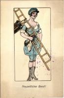 1918 Neuzeitlicher Beruf / Modern szakma: kéményseprő nő, feminista képeslap / Modern profession: chimney sweeper lady, feminist postcard. M.M.S. W. III/2.
