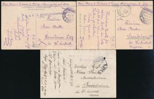 1917-1918 3 db képeslap tábori és haditengerészeti bélyegzésekkel