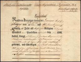 1852 Korneuburg szolgálati bizonyítvány, elbocsájtó levél vászonra kasírozva