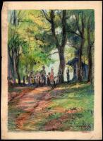 Ócsvár Rezső (1877-1968): Cserkészek az erdőben. Kréta, ceruza, akvarell, papír, jelzett, lap széle foltos és kissé sérült, 29×39,5 cm.
