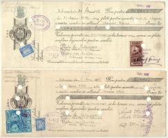 Románia / Szatmárnémeti 1932. 2db kitöltött váltó bélyegzésekkel, bélyeggel, szárazpecséttel, lyukasztással érvénytelenítve T:III