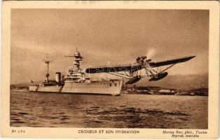 Croiseur et son Hydravion / French Navy cruiser and seaplane, naval aircraft, hydroplane