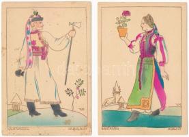 Kalotaszeg, Tara Calatei; - 2 db RÉGI kézzel színezett erdélyi népviselet művészlap / 2 pre-1945 hand-colored Transylvanian folklore art postcards s: H. M.