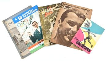 cca 1956-1960 5 db vegyes olimpiai témáú újság és nyomtatvány. Benne az 1956-as Melbournei olimpiai különszámával, Ez történt Rómában, 1964 10. olimpiai aranyérem - labdarúgás különszám, Sport Testnevelés, 1956 Sport, Olimpiai különkiadás