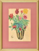 Ferenczy Béni (1890-1967): Virágcsendélet. Akvarell, papír. Üvegezett keretben, paszpartuval. Jelezve balra lent: FB 1966. Lap tetején kissé foltos, lap alján minimális gyűrődések. 28x19cm