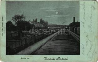 1901 Piski, Simeria; Vasúti átjáró híd vagonokkal. Főző József kiadása / railway crossing, wagons (EM)