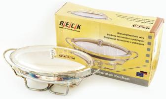 Beck ételmelegítő tál. Üveg, fém tartóval és fedővel. Eredeti dobozában, használt, sérülésmentes állapotban, 42x25x13 cm