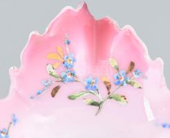 Jugendstil szarvasos kínáló, zománc festett üvegbetéttel. Kopásokkal, m: 20 cm