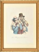 Louis-Leopold Boilly (1761-1845) után: Szőlőevők (Les mangeurs de raisins). Színezett litográfia, papír, jelzett a litográfián. Kissé sérült. Dekoratív, üvegezett fakeretben. 30×22,5 cm