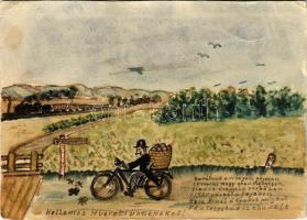 1933 Budapest XVII. Rákoshegy, kézzel rajzolt művészlap húsvéti üdvözlettel, gőzmozdonnyal és kerékpárossal (EB)