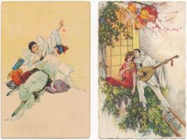 2 db RÉGI motívum képeslap: udvarló cirkuszi bohóc / 2 pre-1945 motive postcards: circus, courting clown