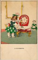 Fogkefe. Egy jó kislány viselt dolgai I. sorozat 1. szám / Toothbrush. Hungarian art postcard s: Kozma Lajos (Rb)