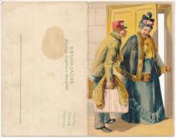 Humoros kinyitható litho képeslap hűtlen házaspárokkal / Humorous folding litho art postcard with ch...