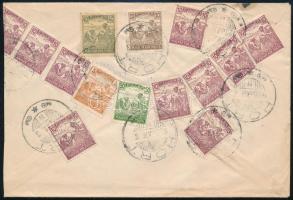 1922 Levél 14 db bélyeggel (1 sérült) Hortról Budapestre küldve, ott 4 db portó 50f bélyeggel kiegészítve (hármaslyukasztásúak)