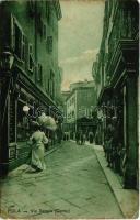1916 Pola, Pula; Via Sergia (Corso) / korzó, üzletek / street view, shops + K.U.K. MASCHINENSCHUL-KOMMANDO K.U.K. MARINEFELDPOSTAMT POLA (r)