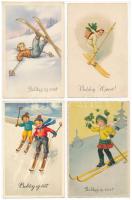 4 db régi téli sport motívum képeslap: síelők Újévi üdvözlettel / 4 pre-1945 winter sport motive postcards: skiers with New Year greeting