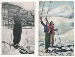 4 db régi téli sport motívum képeslap: síelők / 4 pre-1945 winter sport motive postcards: skiers