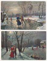 4 db régi téli sport motívum képeslap: jégkorcsolya / 4 pre-1945 winter sport motive postcards: ice skate