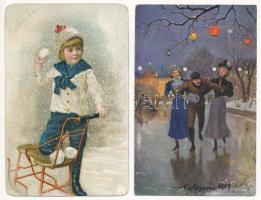 4 db régi téli sport motívum képeslap: jégkorcsolya / 4 pre-1945 winter sport motive postcards: ice ...