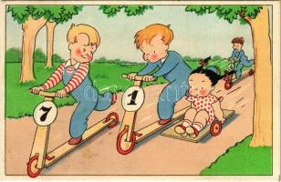 Rollerező gyerekek. Művészeti Alkotások / Children art postcard, scooter + 1953 Ünnepi Vásár Baja So. Stpl. (EK)