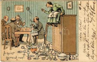 1899 (Vorläufer) A quiet game of nap! men playing cards, angry wife, humour, litho (EK)