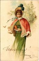 1901 Les quatres Saisons / The Four Seasons Lady art postcard, litho s: V. V. (EB)