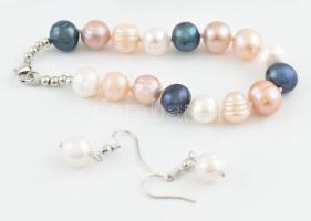 Exkluzív, nagy méretű tenyésztett gyöngy garnitúra, fehér, púder rózsaszín és irizáló kékes színű, n...