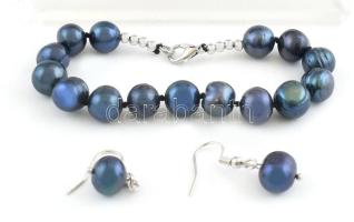 Exkluzív, nagy méretű tenyésztett gyöngy garnitúra, irizáló kékes színű, nyaklánc h: 44 cm, karlánc ...