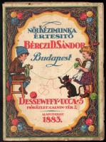 cca 1928-30 Bérczi D. Sándor női kézimunka értesítő. 43. évf. Színes, 64 oldalas képes katalógus gobelinekről, függönyökről, dísztárgyakról. Kiadói papírkötés, foltos és kissé sérült borítóval, sérült kötéssel, helyenként kissé foltos lapokkal, utolsó néhány lap felső sarkában sérült. + 2 db 8 oldal terjedelmű árlap